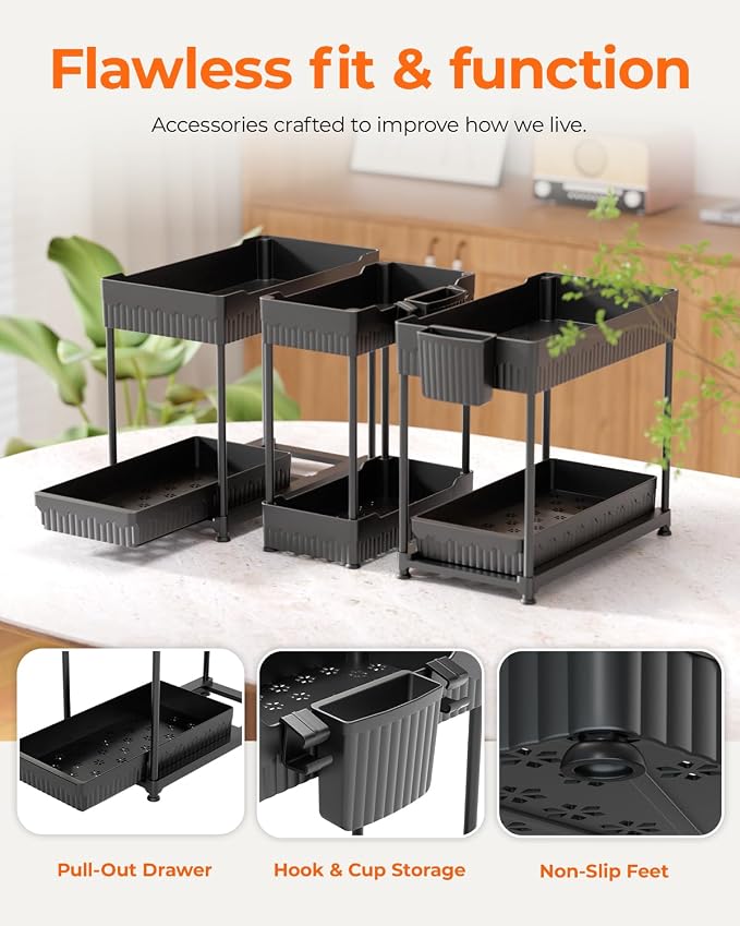 Sevenblue 3 Pack Under Sink Organizers,2-Tier Multi-Use Kitchen and Bathroom Organizers and Storage with Sliding Drawers,Bathroom Cabinet Organizer (Black, 12.8 Inch)