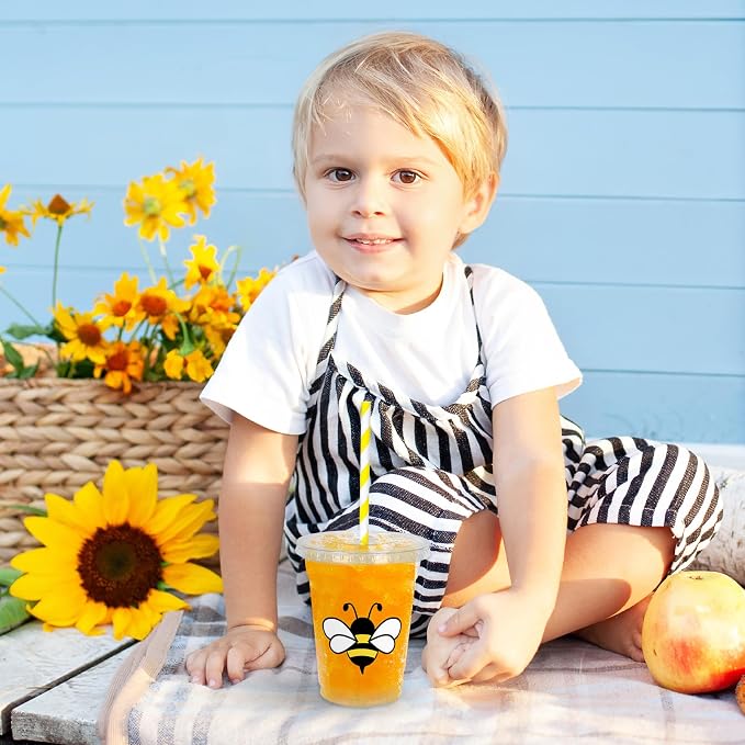 Whaline 50Pcs Bee Disposable Plastic Cups With Lids and Straws 12 Oz Cute Bee Cold Beverage Drinking Cups for Baby Shower Birthday Party Supplies