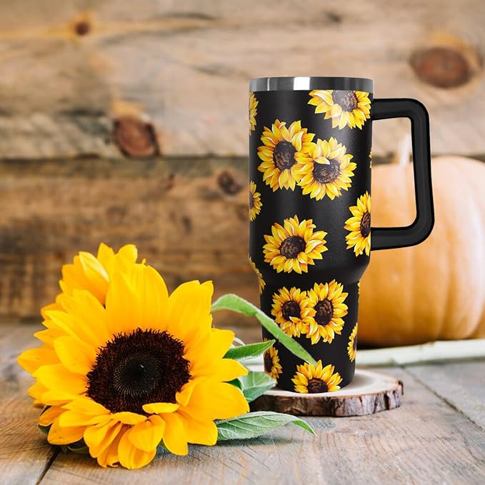 Ceovfoi Sunflower 40 oz Insulated Stainless Steel Tumbler with Handle and Straw