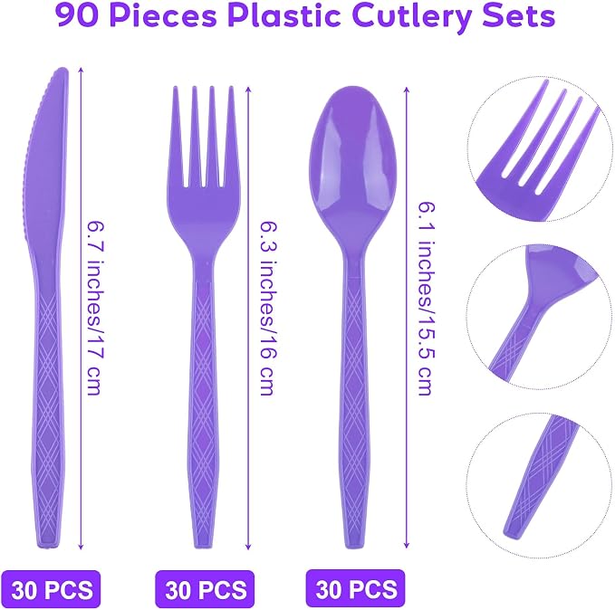 Kochorie 90 Pieces Purple Plastic Cutlery Set Disposable Plastic Utensils Heavy Duty Flatware Set Include 30 Knives 30 Forks 30 Spoons for Graduation, Wedding, Birthday Party Supplies