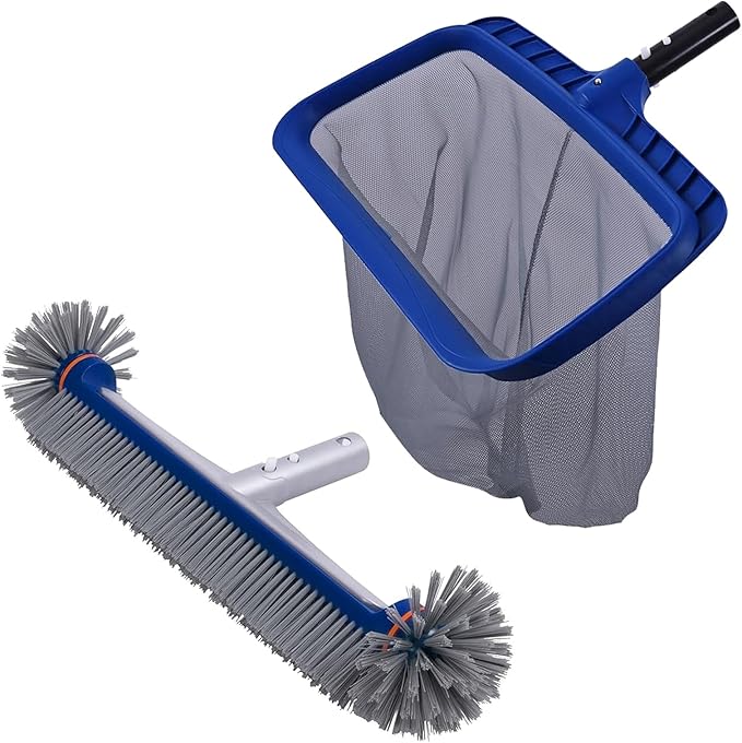POOLAZA Larger Capacity Pool Net Skimmer with Durable Deep Net & 17.5" Round Ends Pool Brush with Sturdy Aluminum Handle