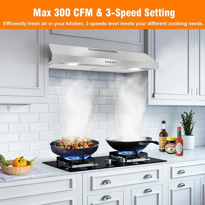 Rang Hood 30 inch Under Cabinet, Ductless Slim Kitchen Range Hood Vent with Filter, LED Lights, 3 Speed Exhaust Fan, Campanas para Cocina (JX3875- Stainless Steel)