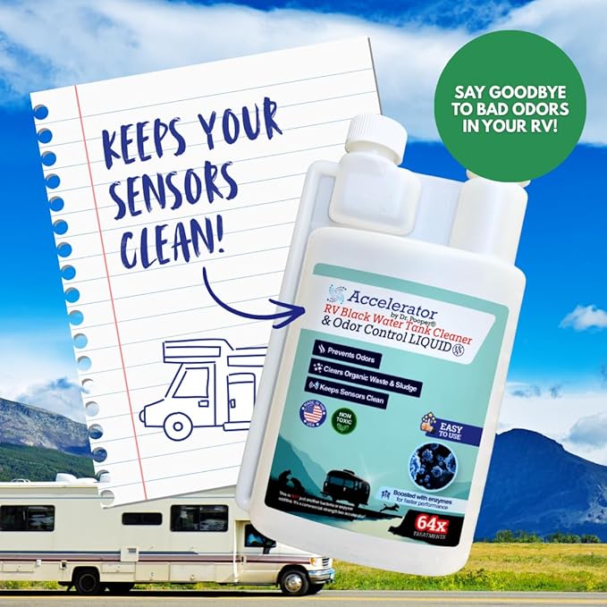 RV Black Water Tank Cleaner & Odor Control Liquid by Dr. Pooper® – Accelerator Bio-Formula | 64 Treatments | Enzyme-Boosted, Non-Toxic, Prevents Odors, Clears Waste & Keeps Sensors Clean | Made in USA