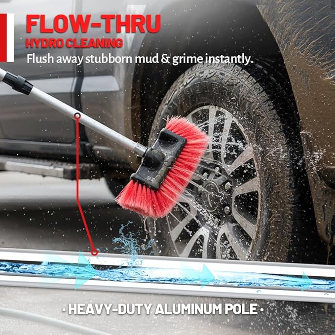 Car Wash Brush (65 in) - Heavy Duty Truck Wash Kit with 4 Heads (Tire Scrubber & 2 Stiff Brushes) - Flow-Thru Wand Compatible with SUV, Off-Road Vehicles & Wheels (Red)