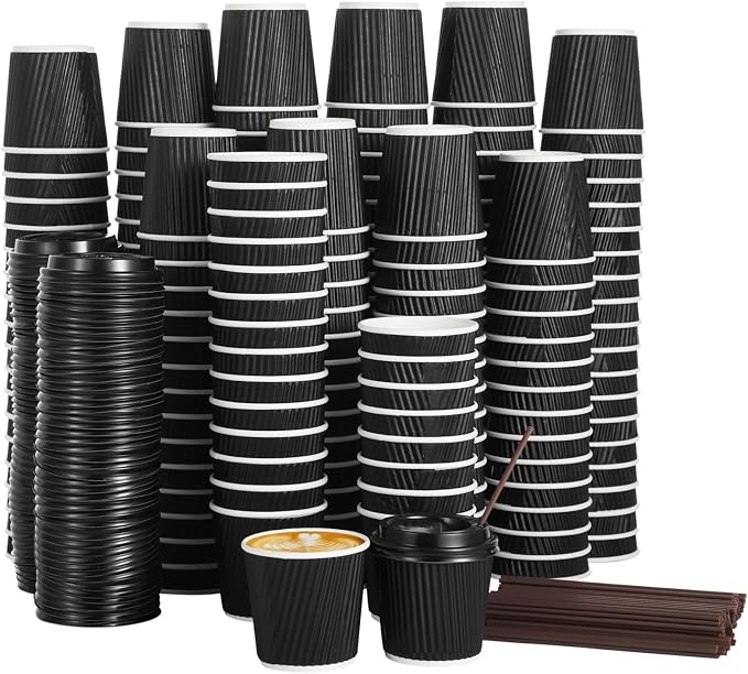200 PCS Disposable Espresso Cups with Lids and Straws, 4 oz Paper Espresso Cups, Double-Layer Insulated Ripple Wall Cup for Hot Drinks, Convenient and Hygienic for Parties and Events