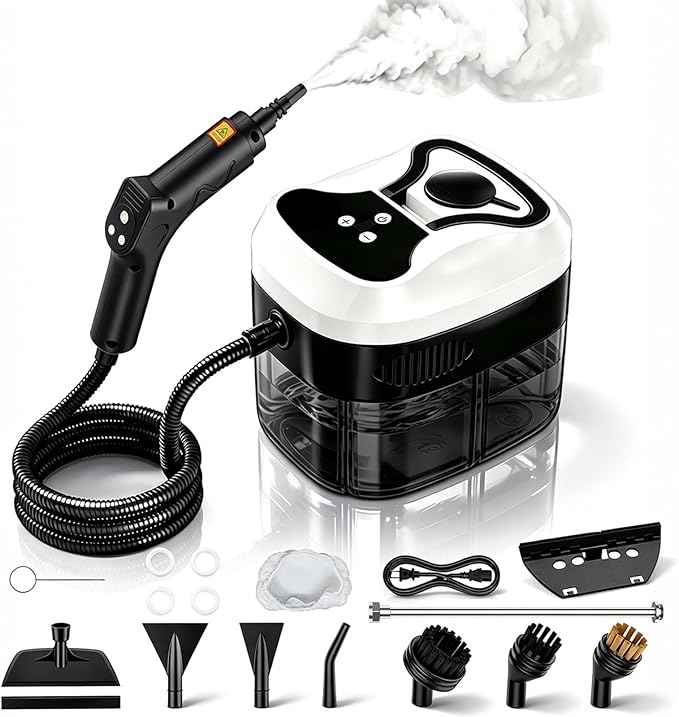Handheld Steam Cleaner, 6-Level Adjustable Handle, 15s Heat-Up, 1800W High-Pressure Steamer for Cleaning with 1.6L Large Tank, Portable Steam Cleaner for Home, Car, Grout, Couch, Floor (White)