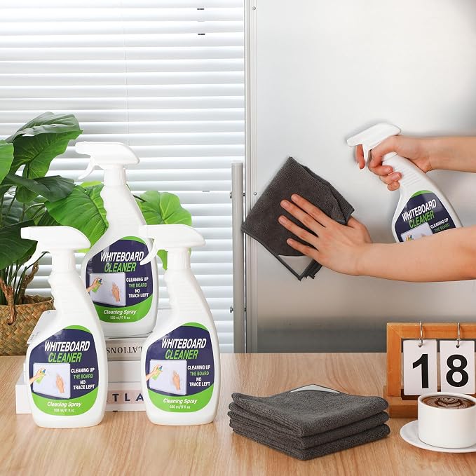 Fuyoooo 8 Pcs Whiteboard Cleaner Set 4 17 fl oz Dry Erase Board Liquid Cleaner with 4 Cloths White Board Cleaning Spray for Classroom Chalkboard Home Office (Grey)