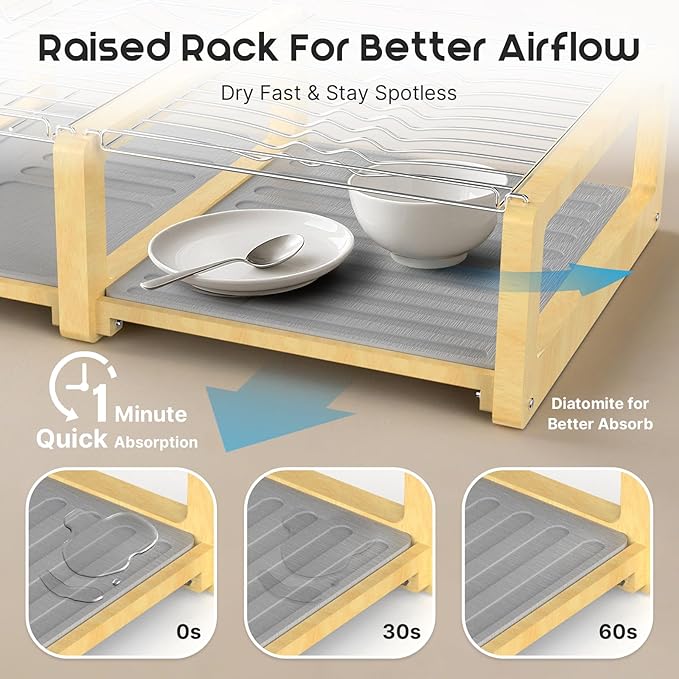 ArtyCozy Extra Large Stone Dish Drying Mat with Stainless Steel and Bamboo Rack for Kitchen Counter, Super Absorbent Diatomaceous Earth and Quick Drying Rack, 24.2" × 16.5" × 7.2"