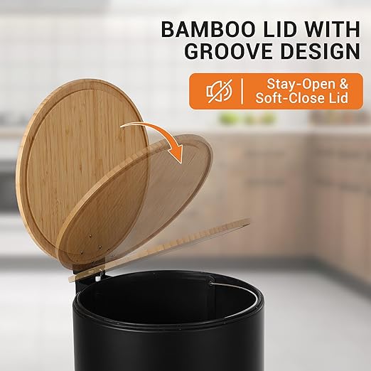 30 Liter/8 Gallon Step Trash Can with Bamboo Lid, Round Slim Stainless Steel Garbage Can with Removal Inner Liner, Soft Close for Kitchen, Office, Living Room, Bathroom, Black