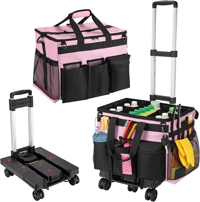 Housolution Extra Large Rolling Cleaning Caddy Bag with Detachable Trolley, Upgraded 360° Free Rotating with 5 Wheels and Dust-Proof Lid, Professional Cleaning Supplies Bag for Housekeepers, Pink