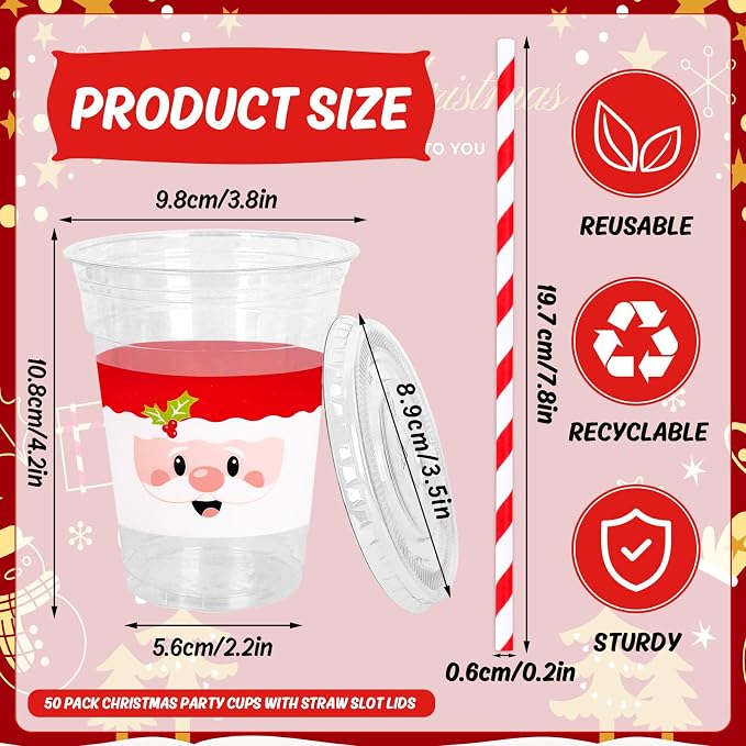 FYSUIMU 50Pcs 12Oz Christmas Disposable Plastic Cups with Lids and Straws Santa Claus Belt Cold Beverage Drinking Cup for Winter Holiday Xmas Party Favor Supplies