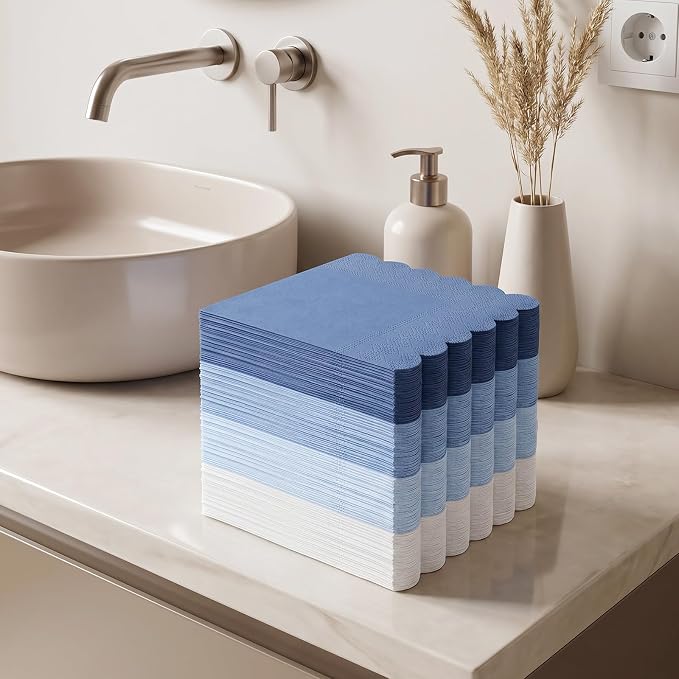 300 Pack Dusty Blue Napkins, 5 x 5 Inch Disposable Scalloped Gradient Blue Cocktail Napkins Thick Beverage Napkin for Wedding Birthday Party Supplies