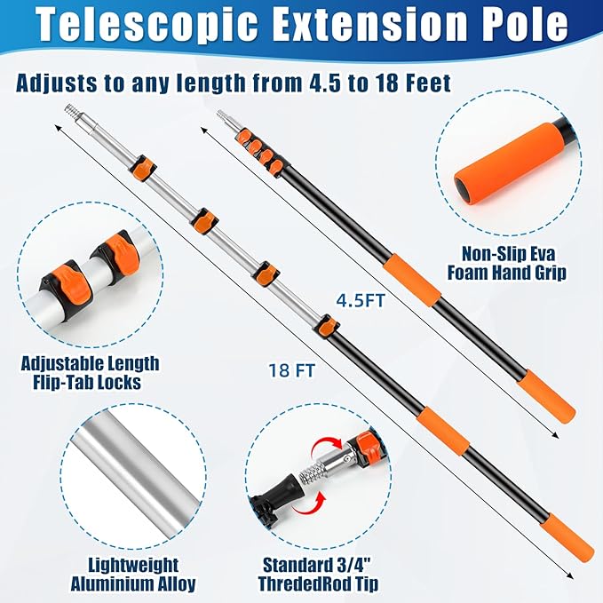 Lasnten 4.5-18 FT Telescopic Extension Pole with Utility Hook Multi-Purpose Aluminum Pole for Dusting and New Year Window Cleaning Xmas Lights Installation(Black Hook)