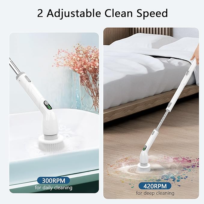 Keimi Electric Spin Scrubber, 2024 New Full-Body IPX7 Waterproof Cordless Bathroom Scrubber with 4 Replaceable Heads, Adjustable Extension Handle, Shower Cleaning Brush for Bathtub, Grout, Tile, Floor