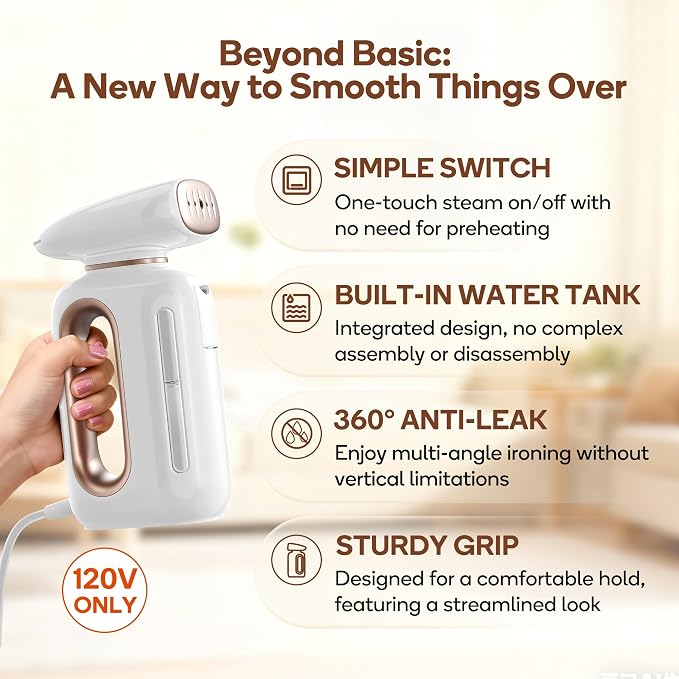 Newbealer Handheld Fabric Steamer 850W Portable Wrinkle Remover for 120V | Horizontal & Vertical Steaming, 360° Leakproof Pump-driven Design, 30s Fast Heat Up, 230ml Water Tank, for Home, RV & Hotel
