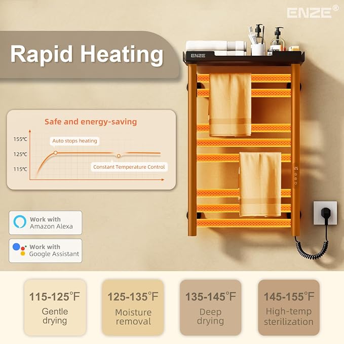 ENZE Smart Heated Towel Rack, 8-Bar Wall-Mounted Electric Towel Warmer with Shelf, Wi-Fi App Control, Adjustable Temperature & 24H Timer, Low Carbon Steel, IPX5, Plug-in/Hardwired, Matte Black