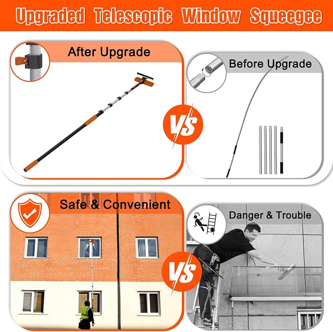 Window Squeegee Kit with Extension Pole, 2-in-1 Professional Washer for High Windows, 3-12FT Adjustable Reach, Rotatable Head for Indoor & Outdoor Use, Streak-Free Cleaning Tool for Home