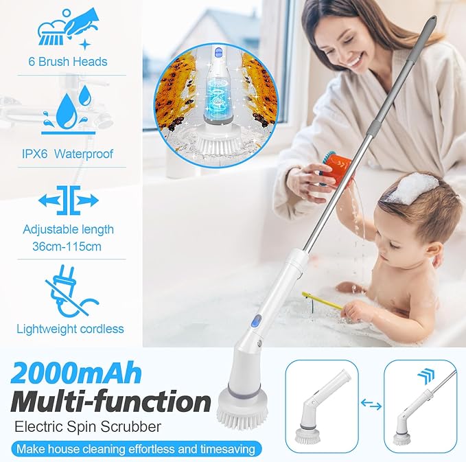 Electric Spin Scrubber Cordless Cleaning Brush, 2 Speed Shower Power Scrubbers for Cleaning Tub Tile, Spin Brush Cleaning for Bathroom Long Handle