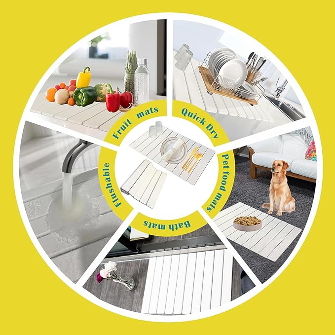 Large Stone Drying Mat for Kitchen Counter,24x16 Inch Fast Drying & Super Absorbent Diatomaceous Earth Sink Mat, Collapsible Dish Drying Stone for Dishes, Bottles, Cups, Matches Any Countertop
