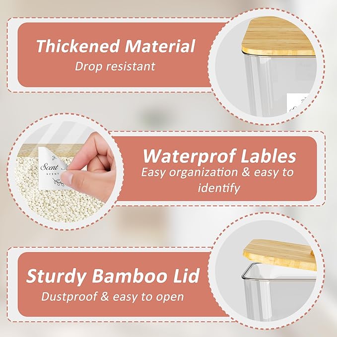 Vincona Laundry Room Organization and Storage, Laundry Pods Container and Dryer Sheet Holder with Bamboo Lids and Labels, Laundry Organizer with Scoops for Booster Beads, Powder, Pods, 4+1 Pack