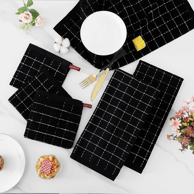 Homaxy Kitchen Towels and Dishcloths Set, 12 x 12 and 13 x 28 Inches, Checkered Designed and 12 Pack Kitchen Dish Cloths (10 x 10 Inches, Grey)