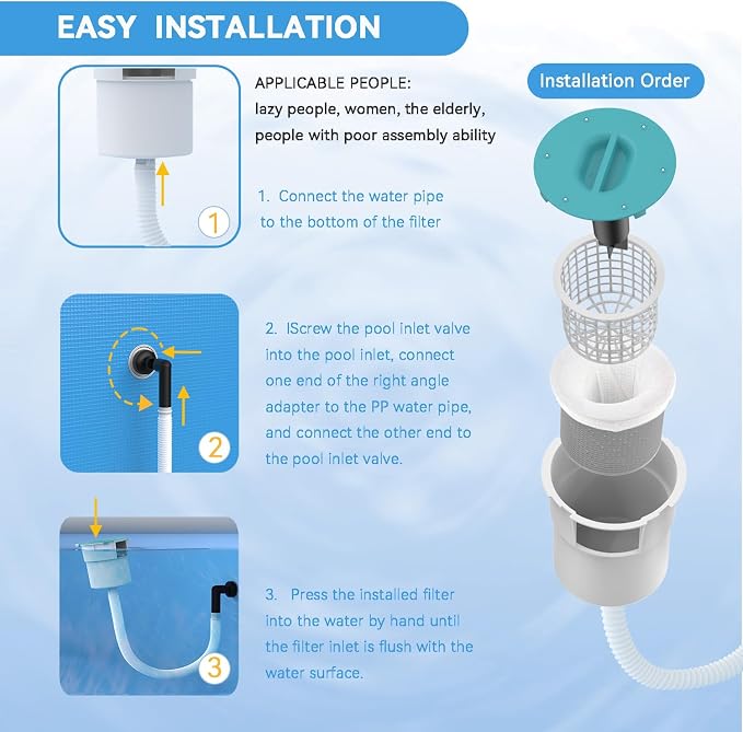 Surface Float Skimmer,2025 Upgrade,No Installation Required, no Adjustable Bracket Required,Comes with 50 Filter Socks, Perfect for Women ((((Turquoise))))