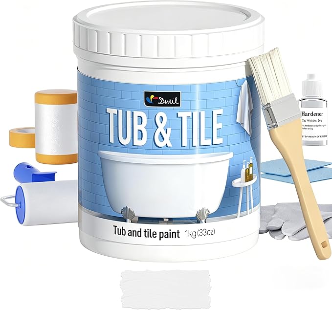DWIL Tub Paint, Tub and Tile Refinishing Kit 33oz with Tools, Tile Refinishing Kit White Bathtub Paint Water Based &Low Odor, Easy to Use Sink for Bathroom Kitchen, Semi-Gloss White, 50-55sq.ft