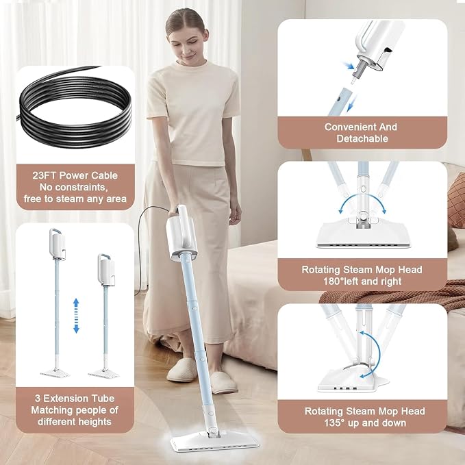 6-in-1 Steam Mop, 1200W Rotated Steam Cleaner for Home, 2 Modes, 400ML Removable Tank, 23FT Power Cord, 2 Pads, Multi-Surface Steamer for Hard Floor, Laminate Floor, Tiles Cleaning (Peacock Blue)