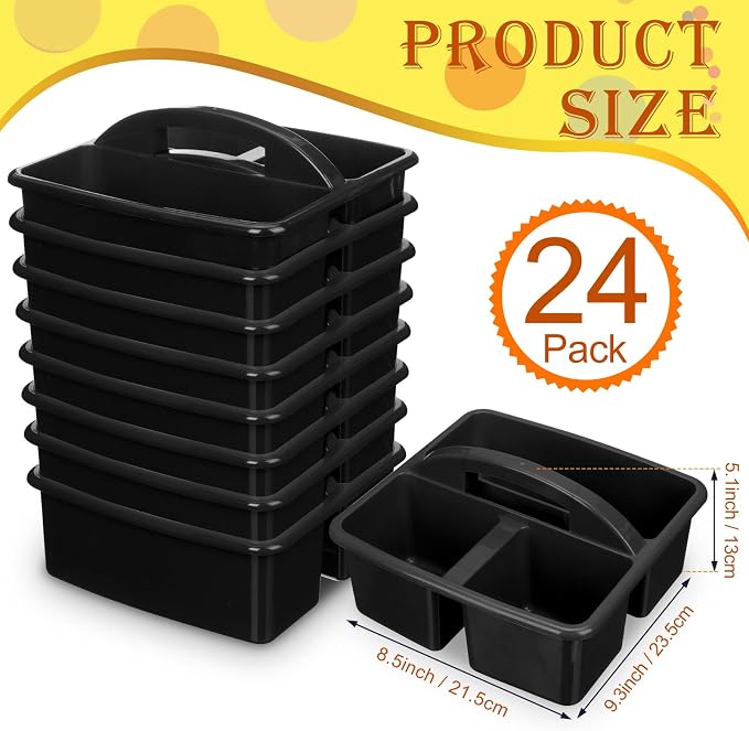 Geelin 24 Pack Classroom Caddy Bulk, Plastic Storage Caddy with Handle and 3 Compartments, Stackable Art Supply Caddies Organizer(Black)