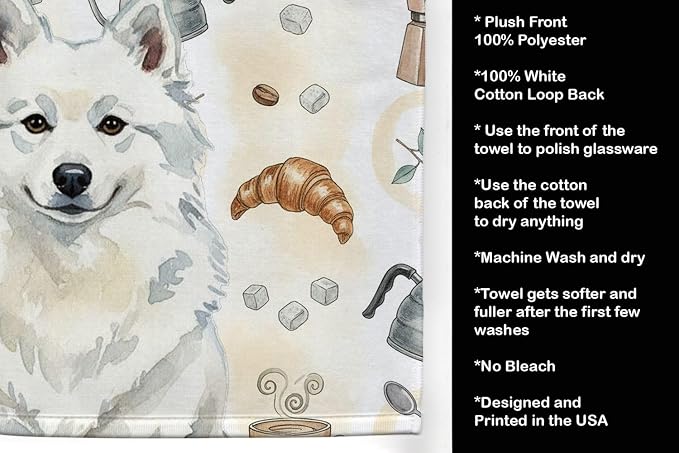 Caroline's Treasures American Eskimo Coffee Bar Kitchen Towel Velour Plush Front and Cotton Loop Back Machine Washable