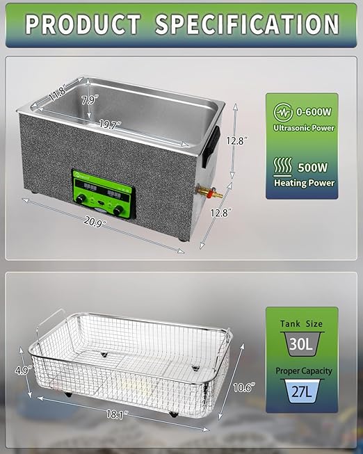 ONEZILI Ultrasonic Cleaner 30L, 600W Ultrasonic Parts Cleaner w/Adjustable Power, Sweep & Degas for 360°Cavitation Cleaning- Industrial Ultra Sonic Machine for Gun, Carburetor & Mechanical Parts
