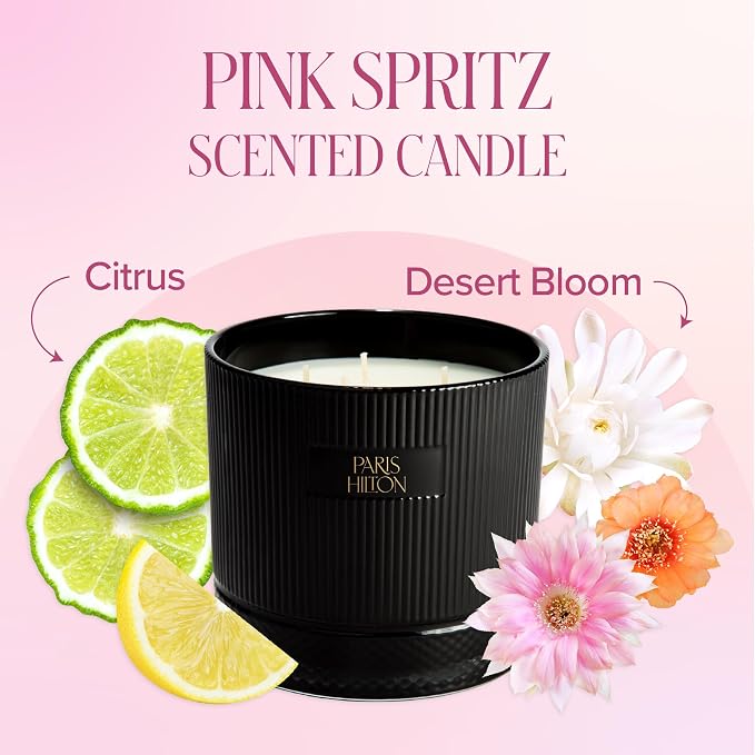 Paris Hilton Pink Spritz Scented Candle, Black Ribbed Glass Vessel with Faceted Diamond Detail, Premium Plant Wax Blend, 4-Wicks, 40-Ounce