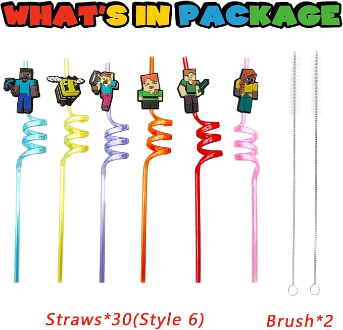 30pcs Pixel Straws Pixel Party Supplies Favors With 2pcs Cleaning Brush Plastic Reusable Straws Birthday Party Supplies For Boys Girls