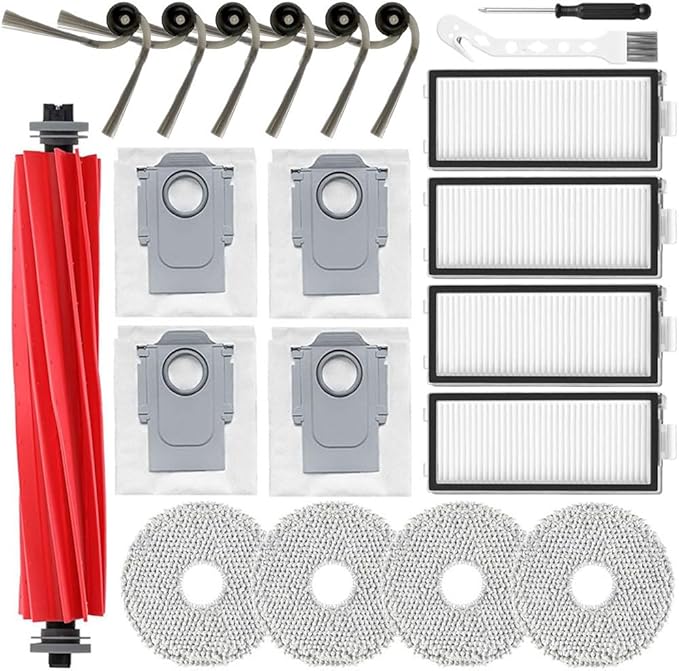 21 Pack Replacement Accessories Fit for Roborock QV 35A, QV 35S, QR 598, QR 798 Robot Vacuum,1 Main Brush,6 Side Brushes,4 HEPA Filters,4 Mop Pads,4 Dust Bags