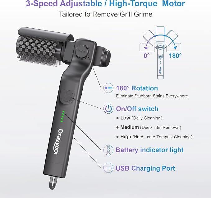 Electric Grill Brush, 20kg High Torque BBQ Cleaner with 3 Speed Modes, Reinforced Steel Bristle Scrubber, Type-C Rechargeable, Safe for Cast Iron & Porcelain Grates