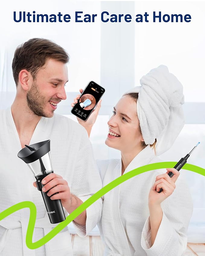 KAUGIC Ear Wax Removal - One-Hand Manual Ear Cleaner with Camera, 7 PCS Ear Spoons, Safe Ear Irrigation Kit for Adults, FSA-HSA-Eligible (Black)
