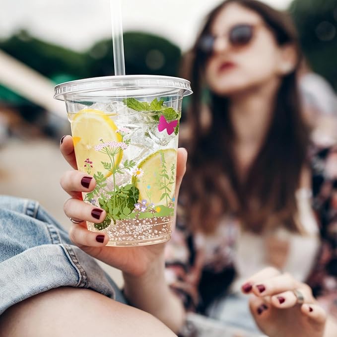 Vesici 100 Pcs Floral Plastic Cups 12 oz Floral Botanical Clear Spring Disposable Cups with Lid and Straws for Spring Summer Birthday Wedding Bridal Baby Shower Party Supplies(Wildflower)