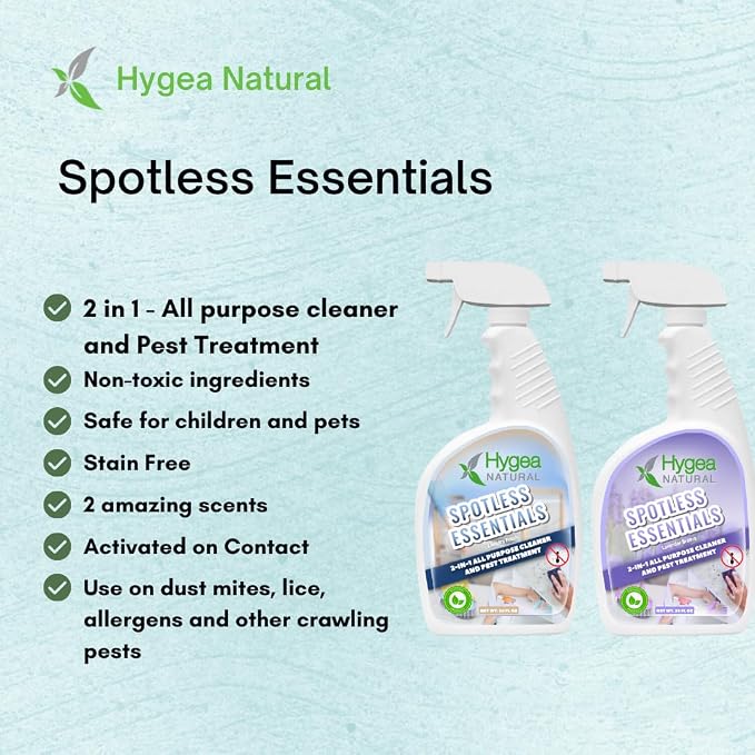 Hygea Natural Spotless Essentials 2-in-1 all purpose cleaner and Mite Spray (Lavender Breeze scent) 24oz + Disposable Coveralls Full Body Protective Clothing suit with hood (X-Large) Bundle