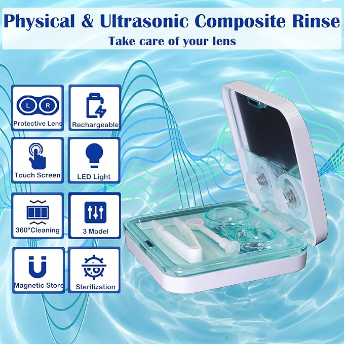 Contact Lens Cleaner Machine EV Pro, Portable Physical Technology Deep Clean with LED Light Tweezer Soak Case Kit, Magnetic Cleaning Slot USB Charger for Long-Term Lens/Colored Lens/Soft Lens
