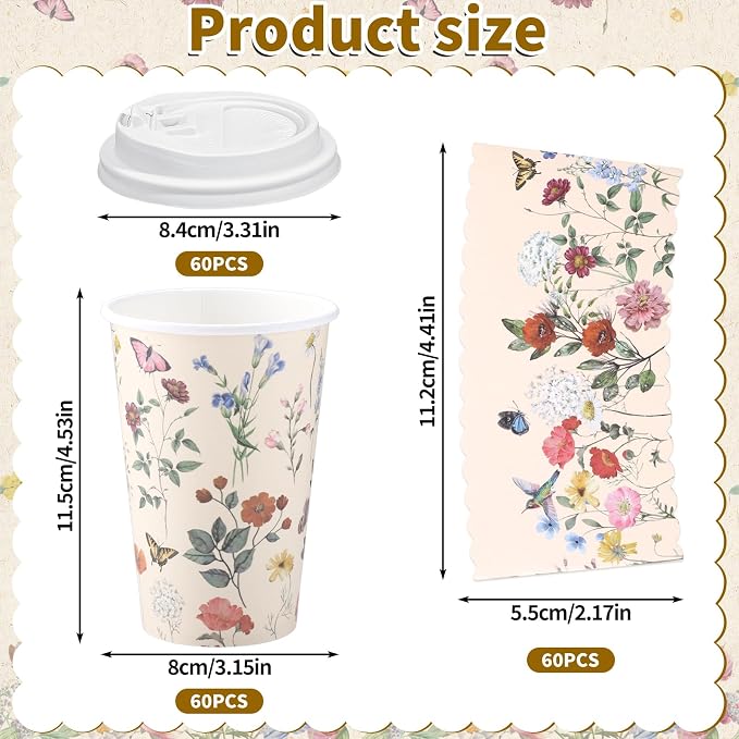 60 Pack Vintage Floral Coffee Cup with Lids Sleeves, 12oz Spring Insulated To Go Coffee Cup Tea Party Cups Disposable Wildflower Paper Cups for Birthday Garden Wedding Baby Bridal Shower Supplies