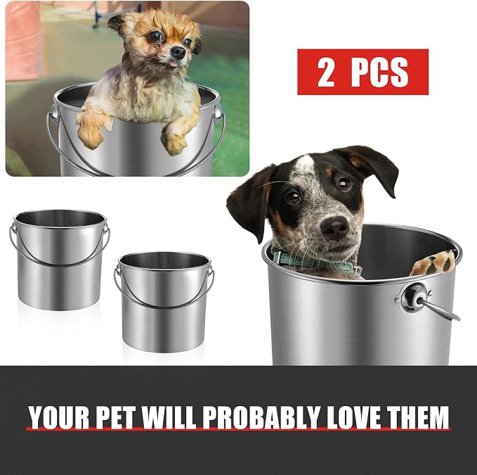 Hsei 2 Pcs Stainless Steel Bucket for Pet Cleaning, 3.2 Gallon Metal Bucket Water Pail with Handle for Fence Kennel Cage Garage Garden Workshop