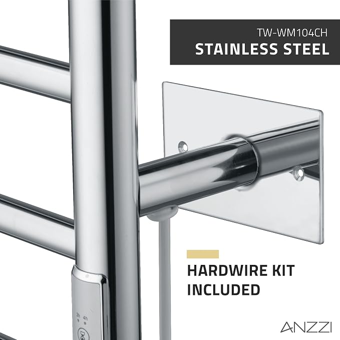 ANZZI Crete 10-Bar Stainless Steel Wall Mounted Towel Warmer Rack in Polished Chrome, 100W Quick Warming ETL Certified Tower Heater Rail, Hardwired Plug-in Towel Dryer, TW-WM104CH