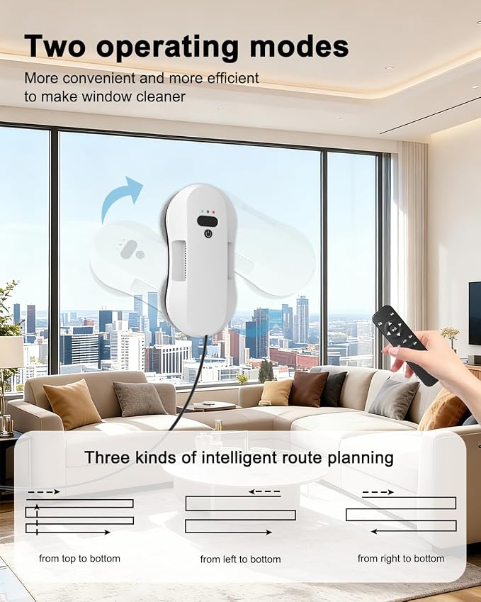 Automatic Window Cleaning Robot for High Windows with 3000Pa Strong Suction, Dual-Nozzle, Power Failure Protection & Safety Rope, 3 Intelligent Paths, 10 Double-Sided Replacement Cloths