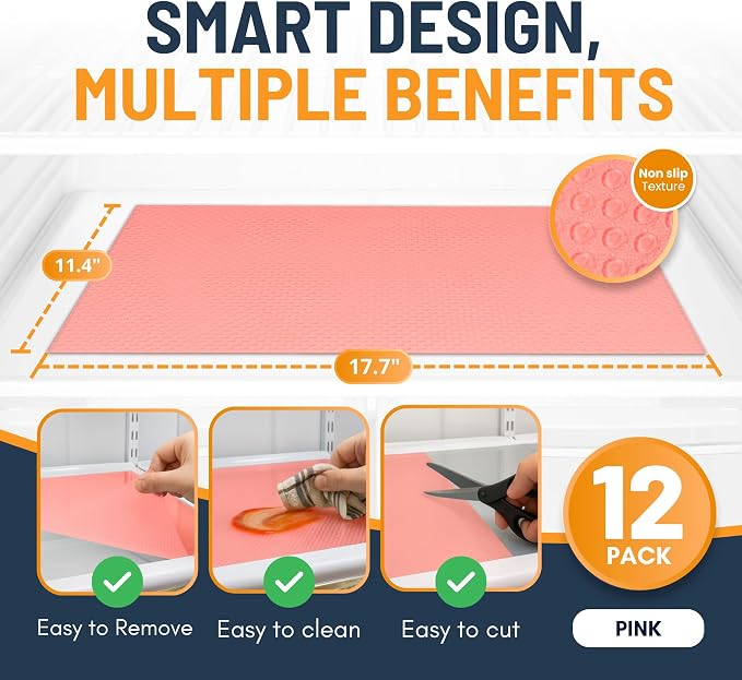 Refrigerator Liners for Shelves (12 Pack) by Linda’s Essentials - Non-Adhesive Shelf or Drawer Liner, BPA-Free Fridge Mats for Kitchen & Cabinets, Easy to Clean, Ideal Household Essentials (Pink)