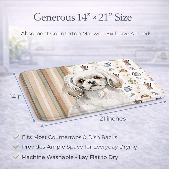 Caroline's Treasures White Tibetan Spaniel Coffee Bar Dish Drying Mat Absorbent Dish Drying Mat Pad for Kitchen Counter Dish Drainer Mat for Countertop, 14 x 21", Multicolor