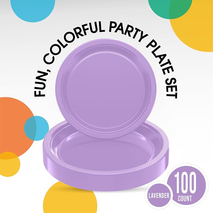 Exquisite Party Solids Lavender Plates Disposable Lavender Plastic Plates 100 Pieces - 50-7" & 50-9" Heavy Duty 350 GSM Disposable Dinnerware Sets, Plastic Dinnerware Sets