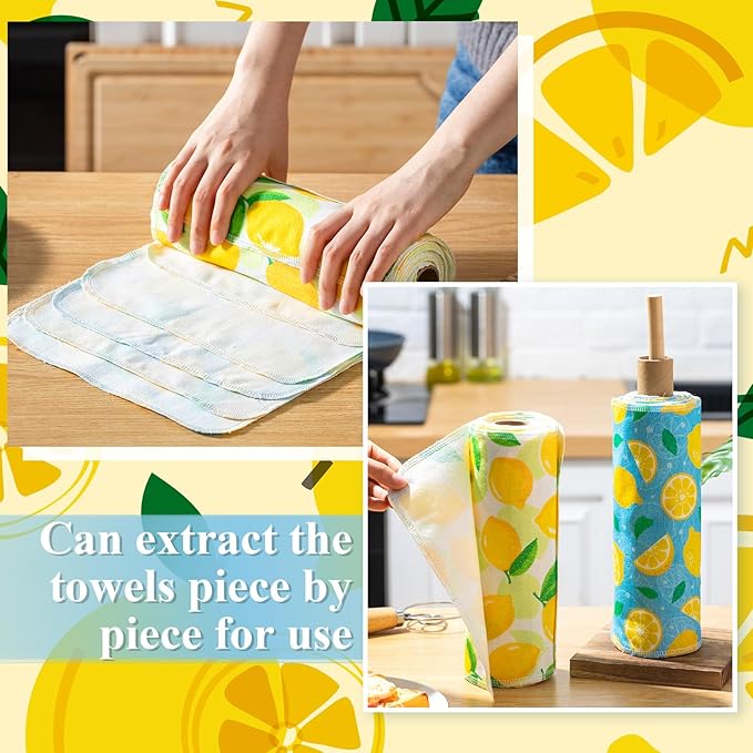 Redbaker 50 Pcs Reusable Paper Towels Paperless Reusable Cotton Cloths Toilet Absorbent Washable Paper Towels with Roll Kitchen Dishcloth for Kitchen Paperless Dishcloths(Lemon)