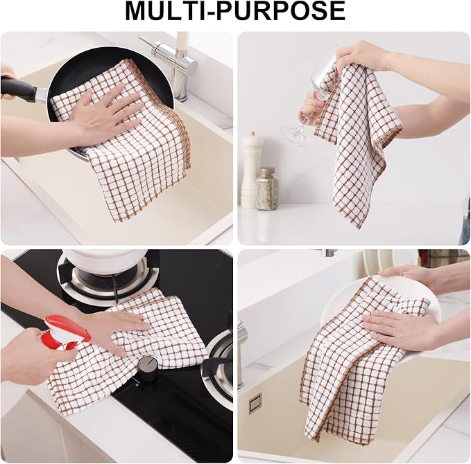 Kitinjoy Cotton 12 Pack Kitchen Towels and Dishcloths Sets, 16 x 25 Inch & 12 X 12 Inch Dish Towels Bulk, Super Soft and Absorbent Hand Towels for Kitchen Drying, Brown