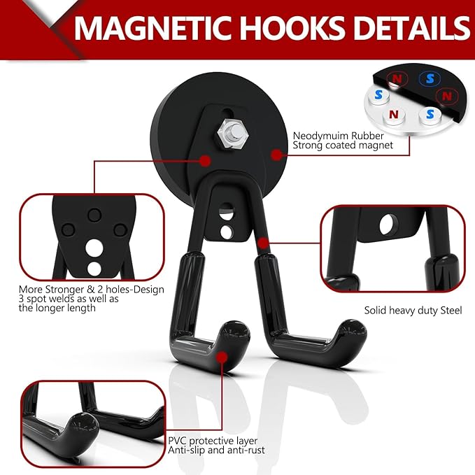 3-H Extra Strong Magnetic Hooks,Heavy Duty Large Anti-Slip Magnet Hooks,No-Drill Tool Holder for Garage,Power Drill,Garden Tools,Hose Storage,2 Pack Black