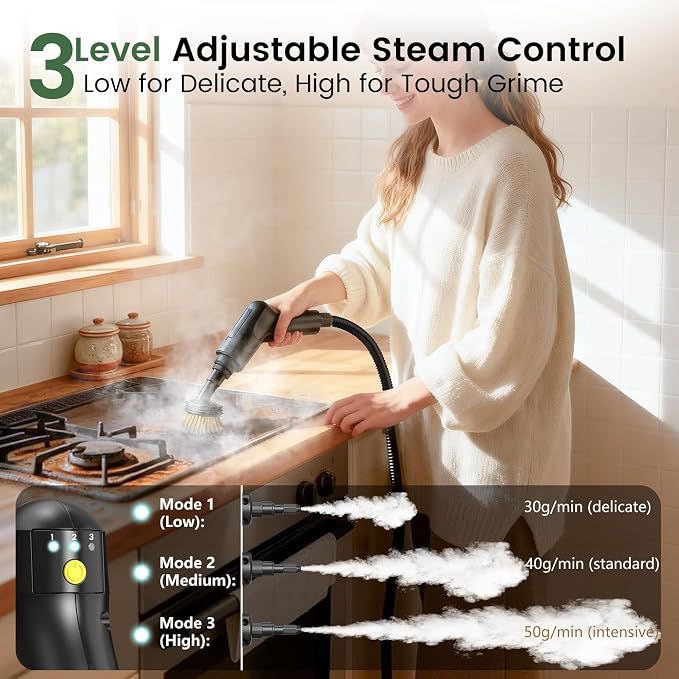 Pressurized Steam Cleaner 1.6L, 3-Level Adjustable Steamer for Cleaning, 10s Heat-Up, 2500W Handheld Steamer Cleaner for Home, Car, Kitchen, Floor, Multi-Surface Cleaning Machine (Black & Green)